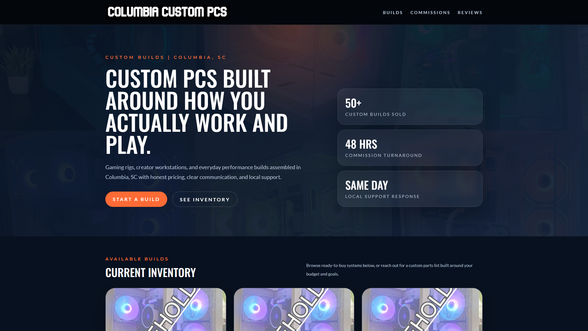 Screenshot of Columbia Custom PCs website