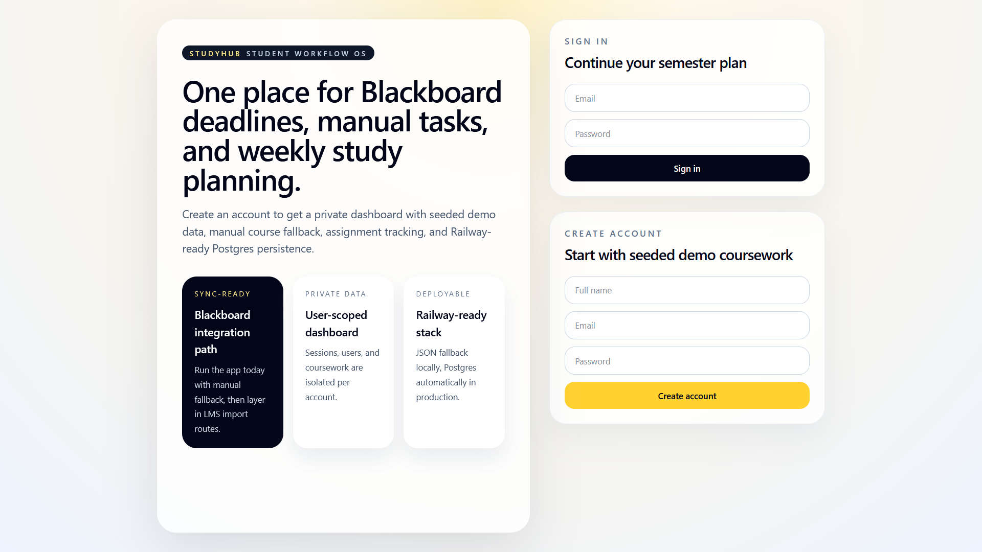 Screenshot of StudyHub student productivity platform